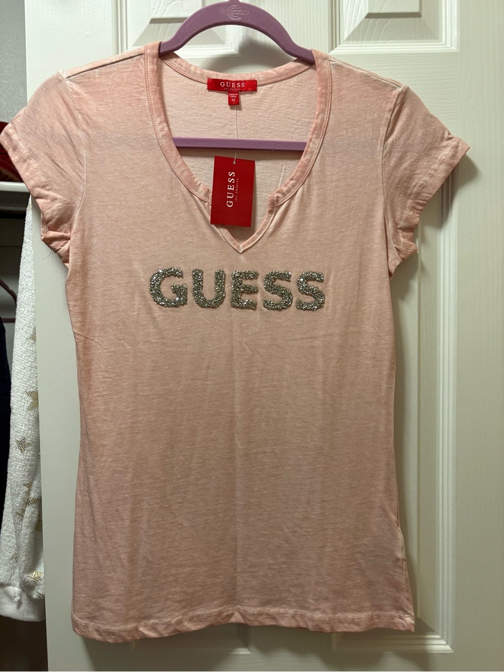GUESS Light Pink V-Neck Logo Tee with Sparkle